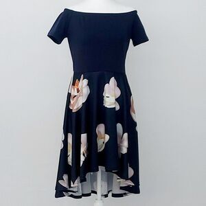 Off-the-Shoulder Women's High-Low Dress, Navy Blue Floral Pattern, Size Medium